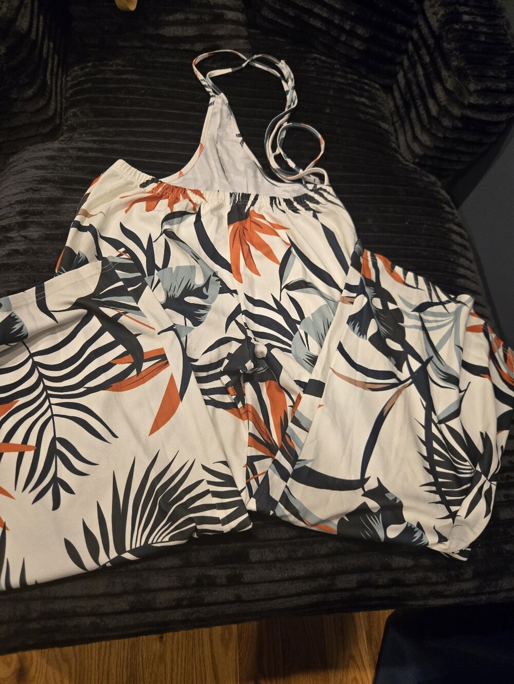 Women's Tropical Print Jumpsuit in White with Black & Orange Leaf Pattern - Picture 10 of 10